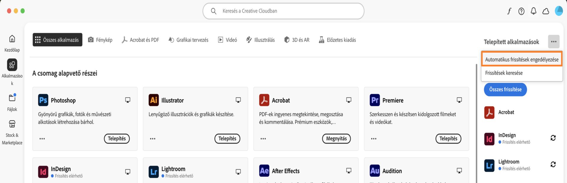 A Creative Cloud asztali alkalmazás Alkalmazások lapján láthatók a letölthető alkalmazások, valamint az automatikus frissítések engedélyezésének és a frissítések keresésének lehetőségei a jobb oldali panelen. 