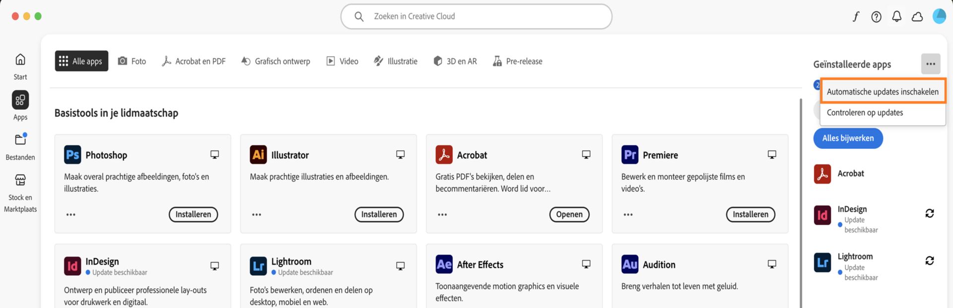 Op het tabblad Apps van de Creative Cloud desktop-app worden de apps weergegeven die je kunt downloaden, met in het rechterdeelvenster opties om automatische updates in te schakelen en te controleren op updates. 