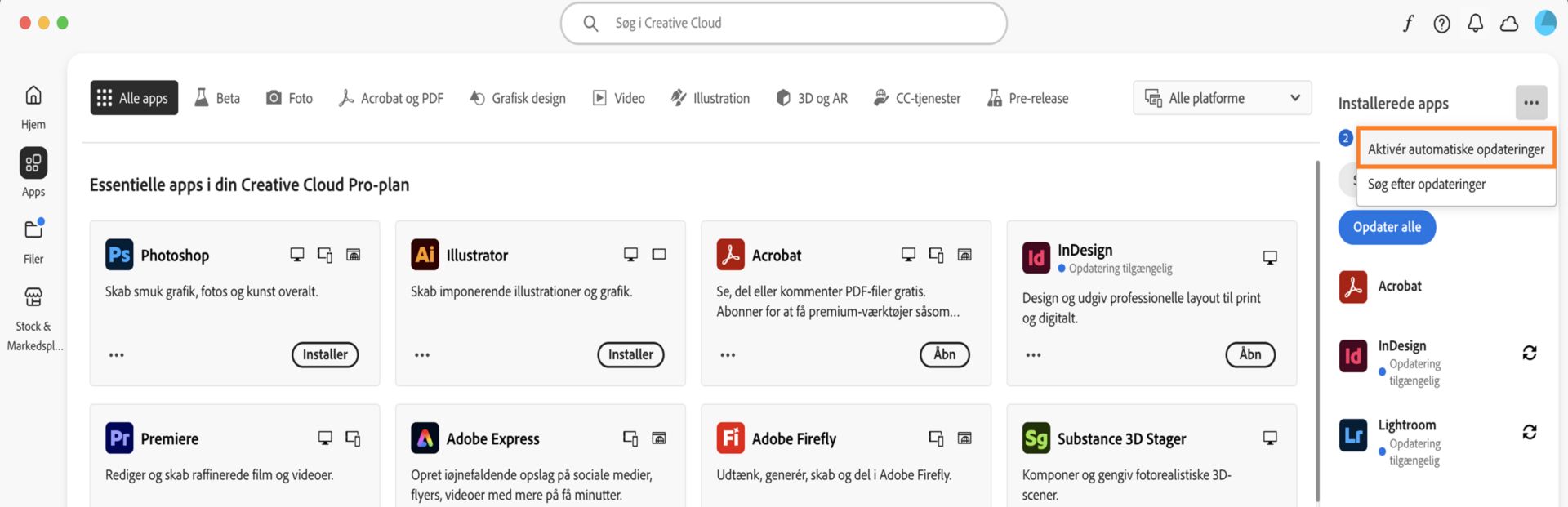 Fanen Apps i Creative Cloud-computerappen viser de apps, som du kan downloade, og mulighederne for at aktivere automatiske opdateringer og søge efter opdateringer i højre panel. 