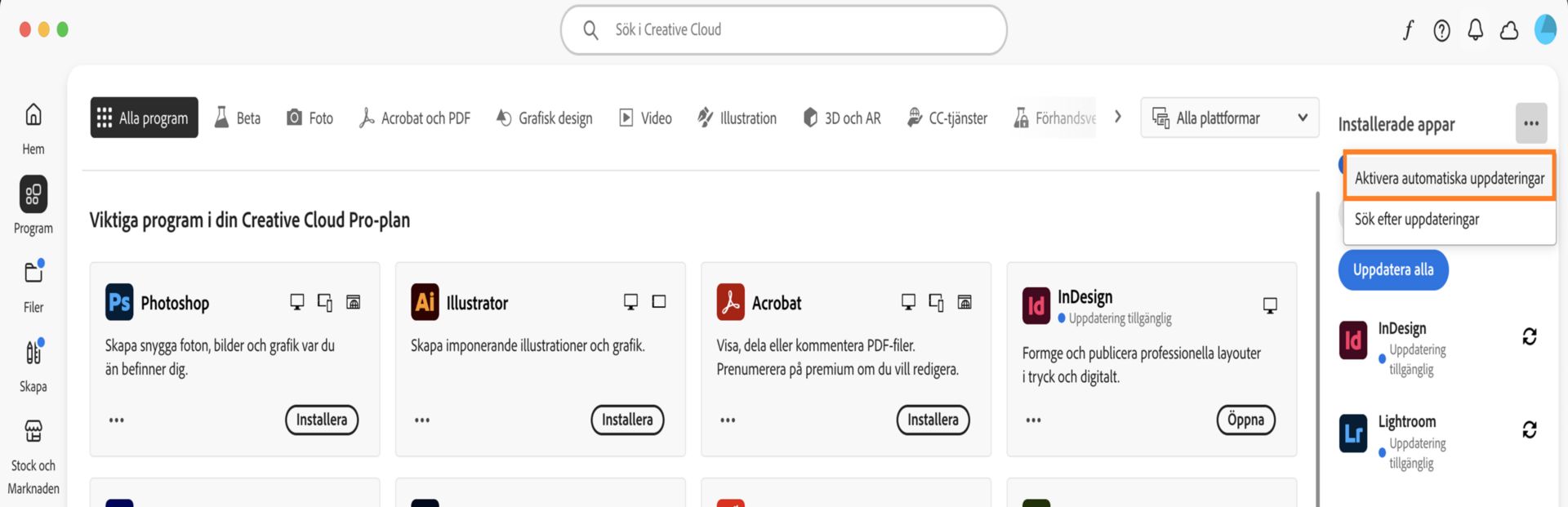 Fliken Program i Creative Cloud-datorprogrammet innehåller de program som du kan hämta och alternativen för att aktivera automatiska uppdateringar och söka efter uppdateringar i den högra panelen. 