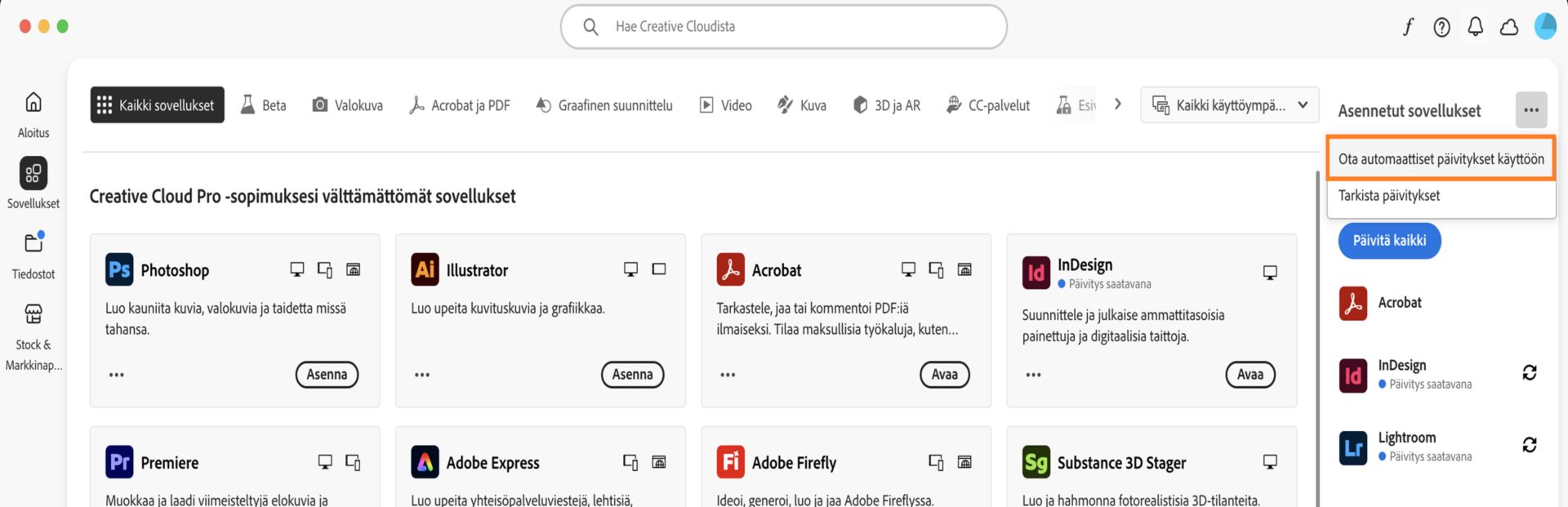 Creative Cloud -tietokonesovelluksen Sovellukset-välilehdessä näkyvät ladattavissa olevat sovellukset sekä vaihtoehdot automaattisten päivitysten ottamiseksi käyttöön ja päivitysten tarkistamiseksi oikeanpuoleisessa paneelissa. 