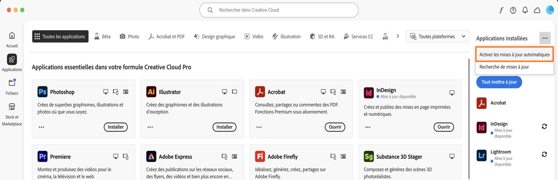 L‘onglet Applications de l‘application Creative Cloud affiche les applications que vous pouvez télécharger et les options permettant d‘activer les mises à jour automatiques et de rechercher les mises à jour sur le panneau de droite. 