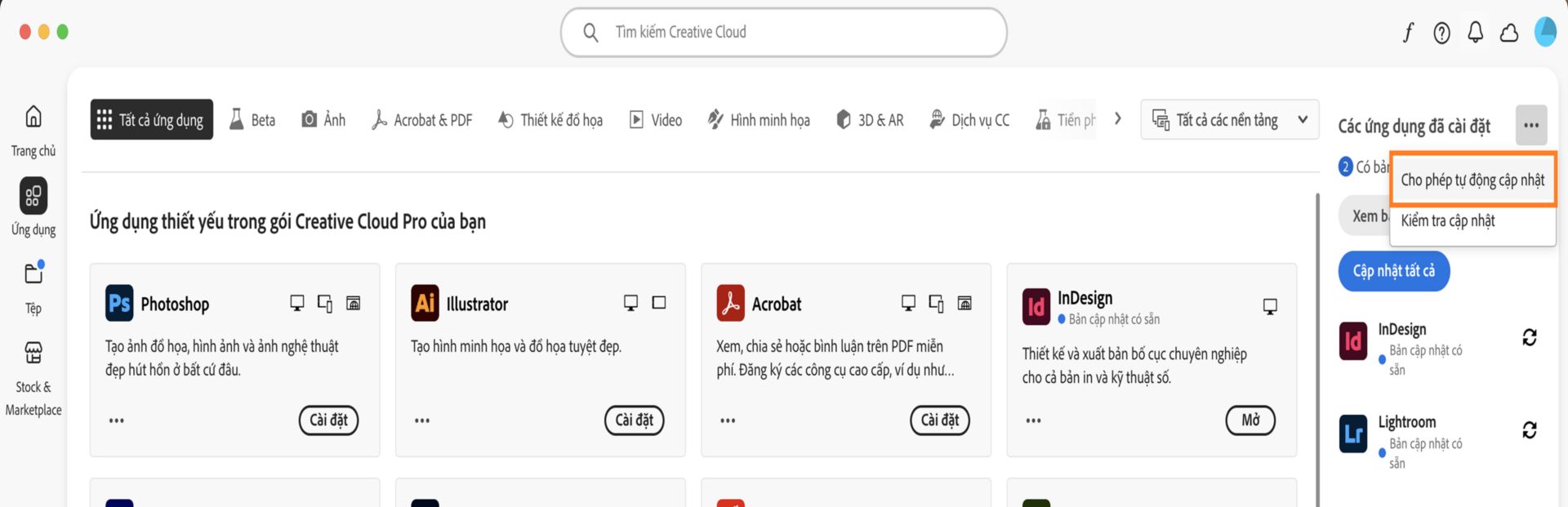Tab Ứng dụng trong ứng dụng Creative Cloud cho máy tính để bàn sẽ hiển thị các ứng dụng bạn có thể tải xuống, cùng với các tùy chọn để bật tự động cập nhật và kiểm tra bản cập nhật ở bảng điều khiển bên phải. 
