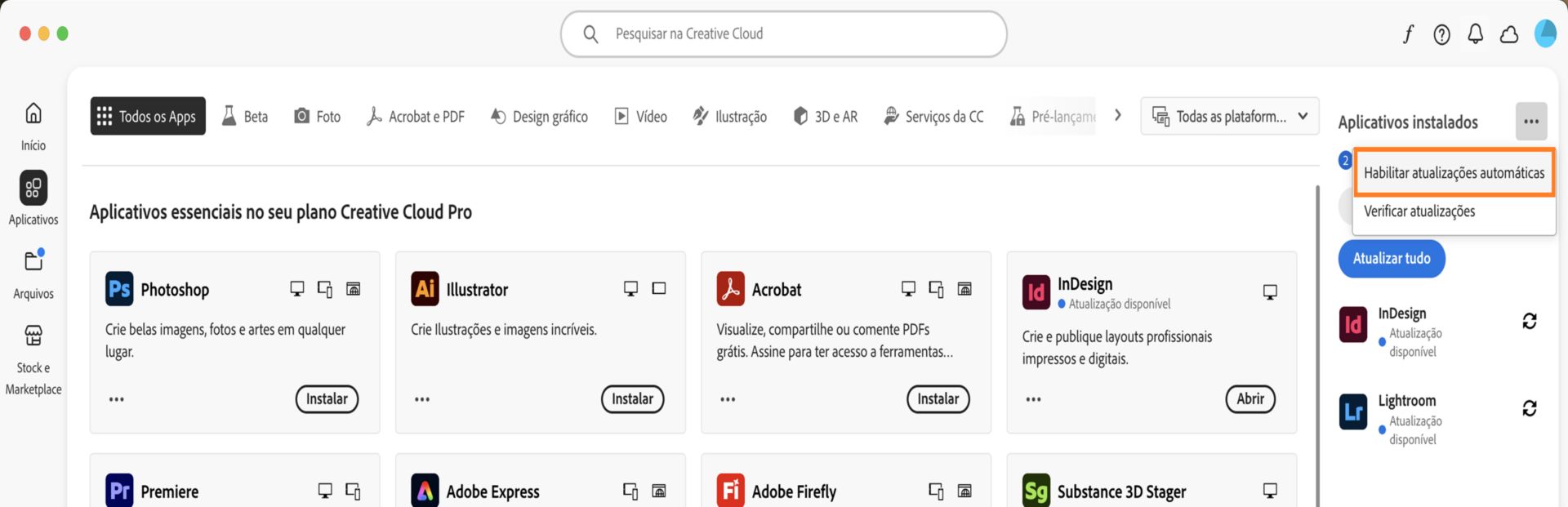 A guia Aplicativos do aplicativo de desktop da Creative Cloud mostra os aplicativos que você pode baixar e as opções para ativar as atualizações automáticas e verificar atualizações no painel direito. 