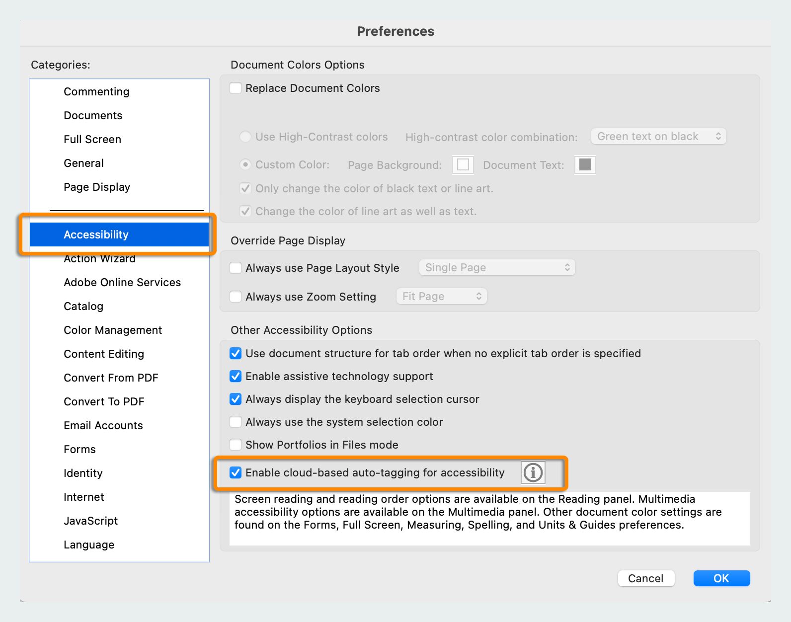 خيار Enable cloud based auto-tagging for accessibility
