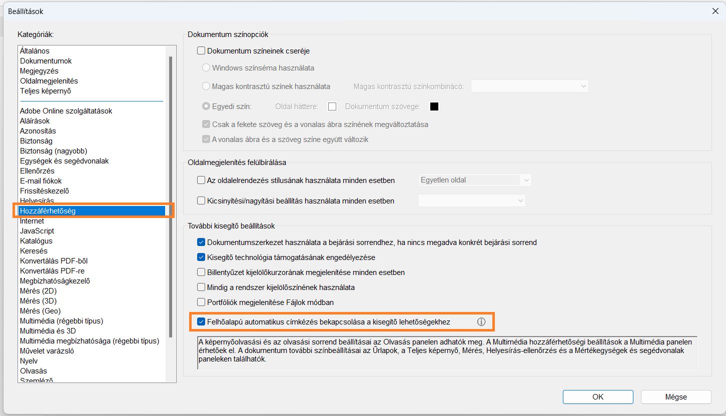Felhőalapú automatikus címkézés bekapcsolása a kisegítő lehetőségekhez