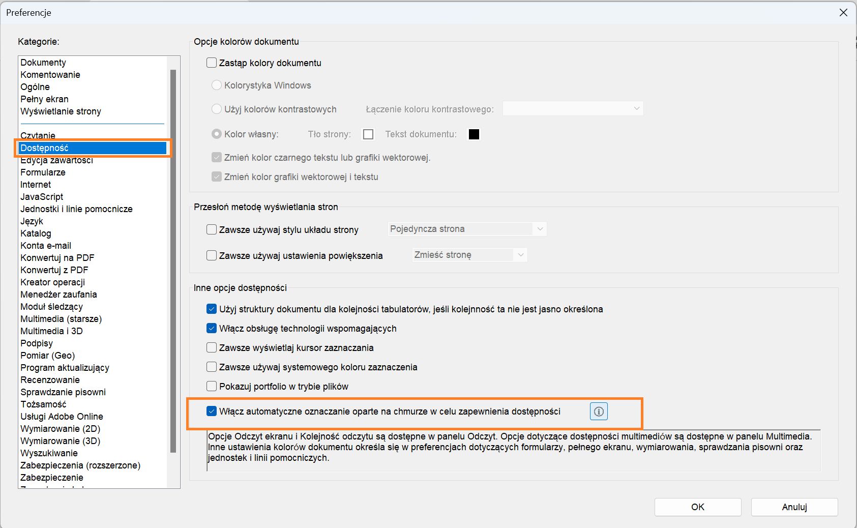 Preferencja włączania lub wyłączania funkcji automatycznego oznaczania opartego na chmurze