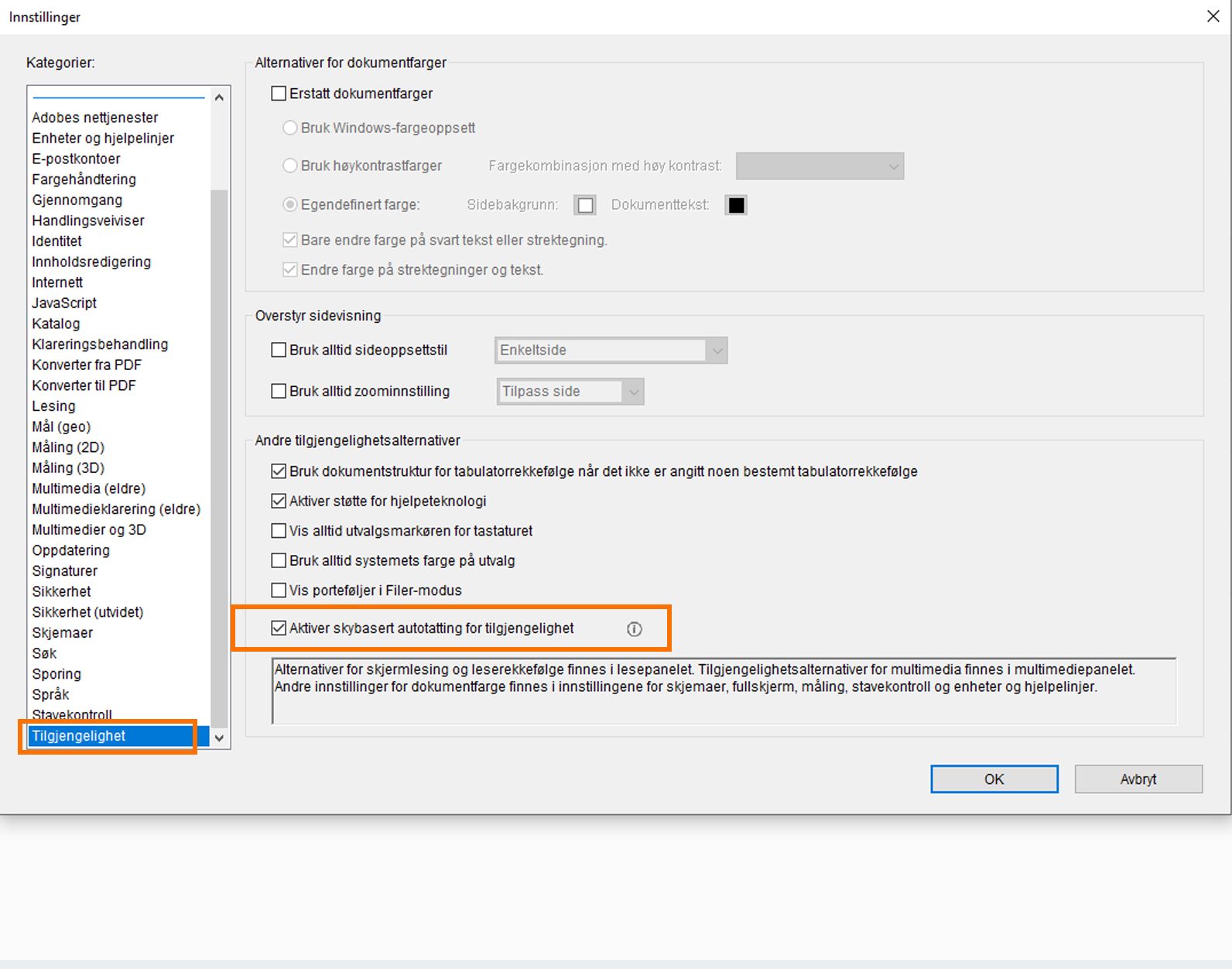 Aktivere skybasert automatisk merking for tilgjengelighet