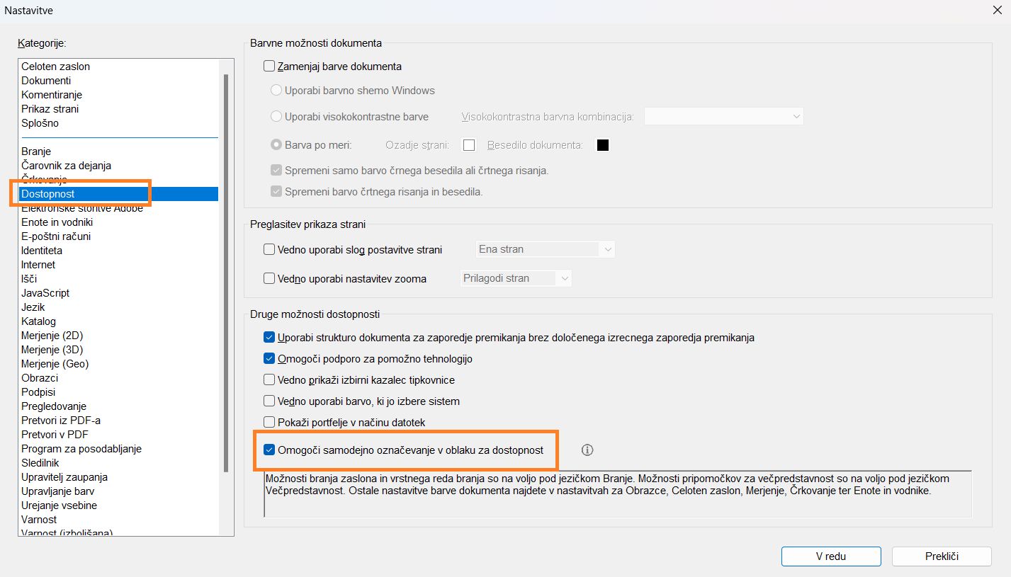 Nastavitev za omogočanje ali onemogočanje samodejnega označevanja v oblaku
