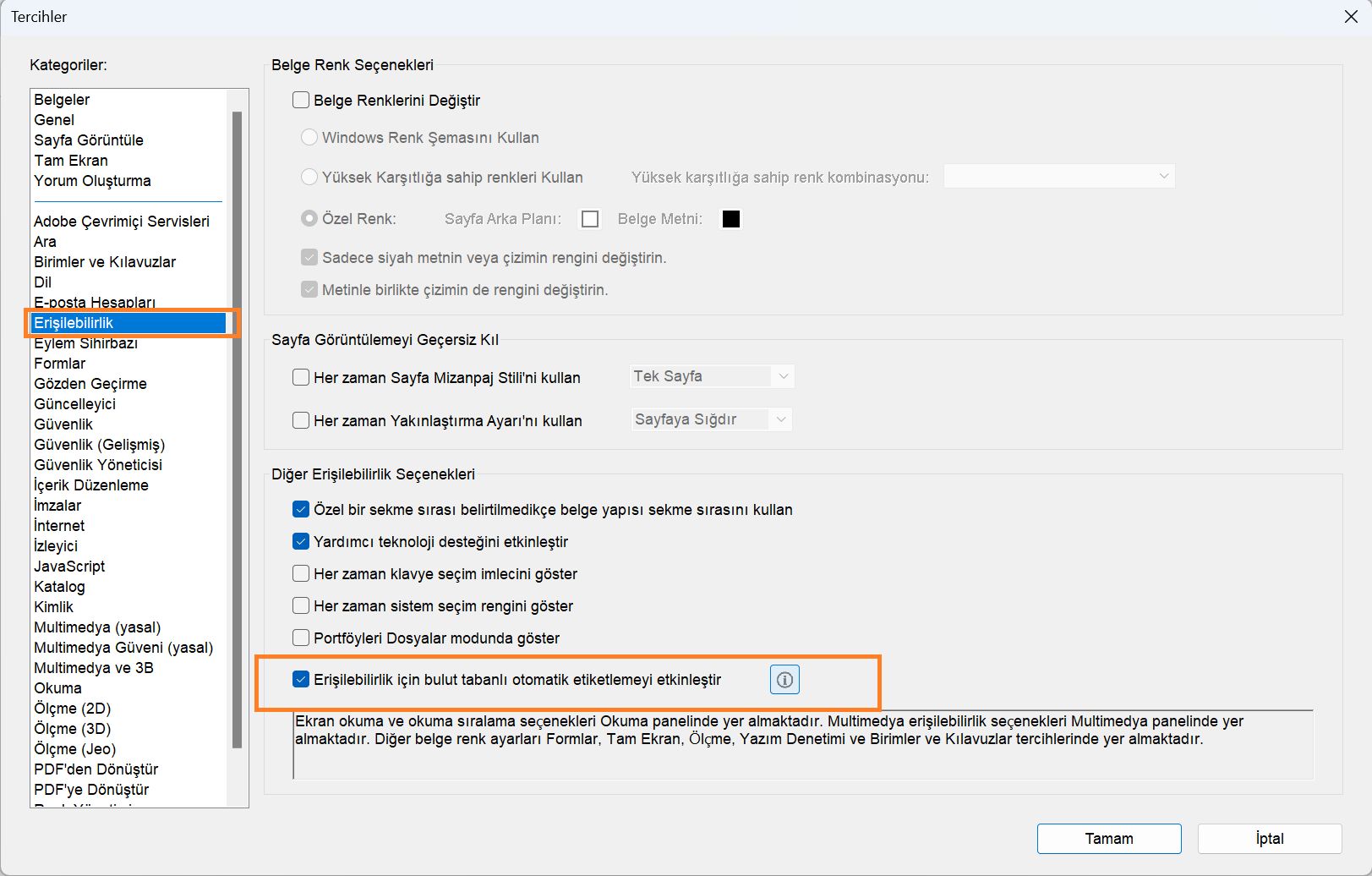 Bulut tabanlı otomatik etiketlemeyi etkinleştirme veya devre dışı bırakma tercihi