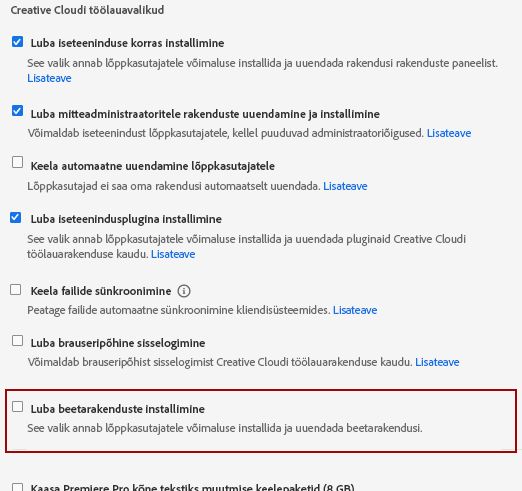 Beetarakenduste installimise lubamine