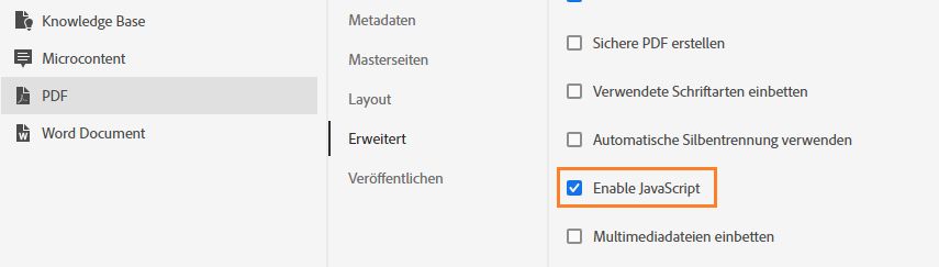 Aktivieren von JavaScript in der PDF-Voreinstellung