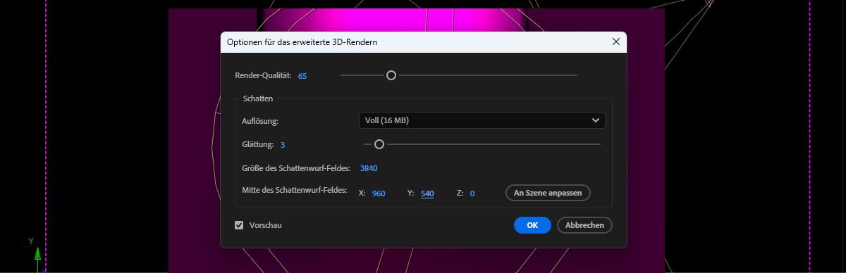 Das Dialogfeld „Optionen für das erweiterte 3D-Rendern“ ist geöffnet und es können Render- und Schatteneinstellungen angepasst werden. Die Render-Qualität ist derzeit auf 65 eingestellt.