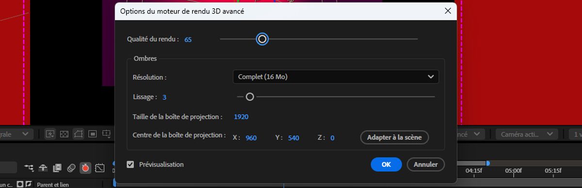 La boîte de dialogue Options de rendu 3D avancée est ouverte et vous pouvez ajuster des paramètres pour le rendu et les ombres.La qualité de rendu est actuellement définie sur 65.