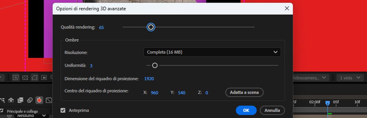La finestra di dialogo Opzioni rendering 3D avanzato è aperta e sono disponibili le impostazioni che potete regolare per il rendering e le ombre.Attualmente, la funzione Qualità rendering è impostata su 65.