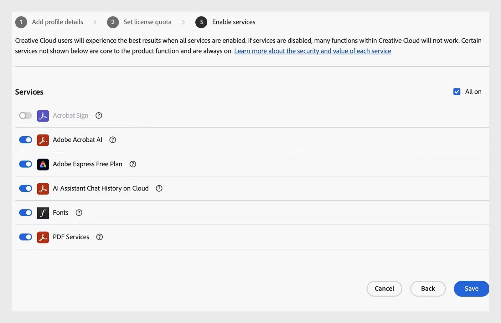 Etapa Habilitar serviços no assistente Editar perfil de produto com todos os serviços habilitados.