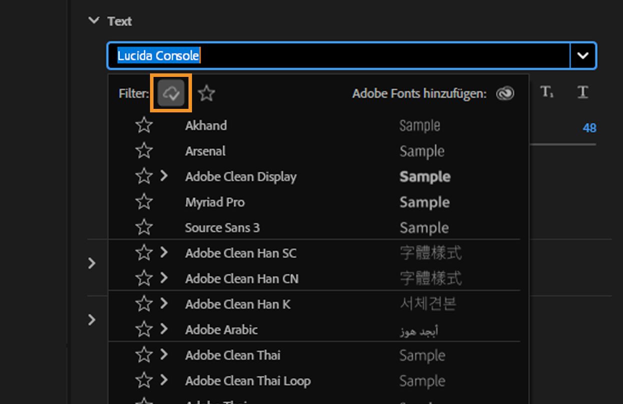 Aktiviere die Option „Schriftarten von Adobe anzeigen“, um nur die Adobe Fonts aufzulisten.