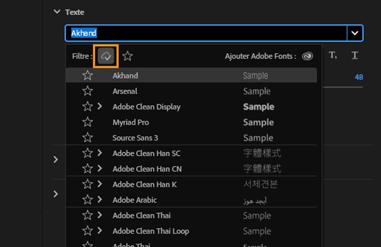 Activez l'option Afficher les polices d'Adobe pour répertorier uniquement les Adobe Fonts.