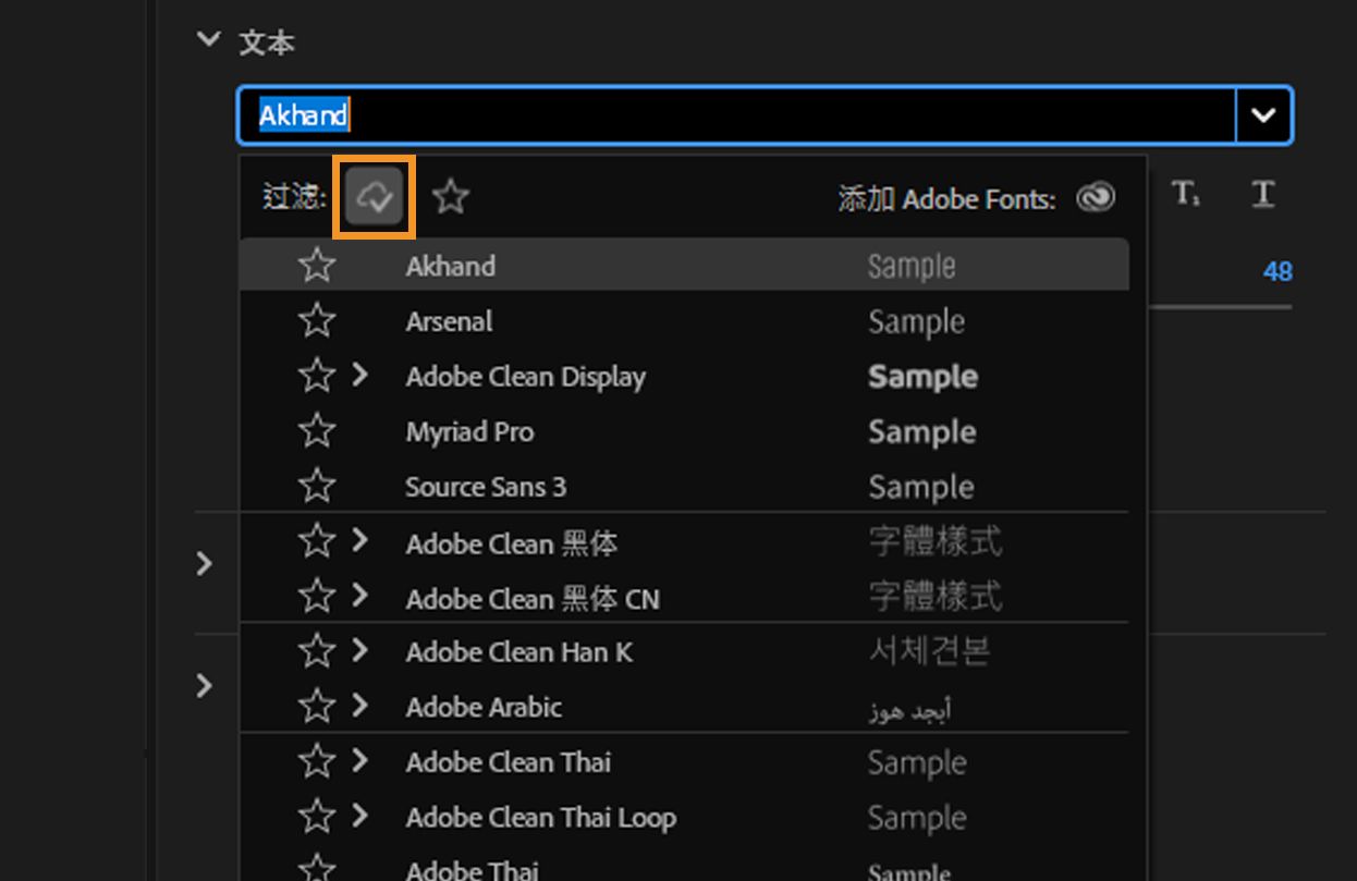 启用“显示 Adobe 提供的字体”选项，以仅列出 Adobe Fonts。