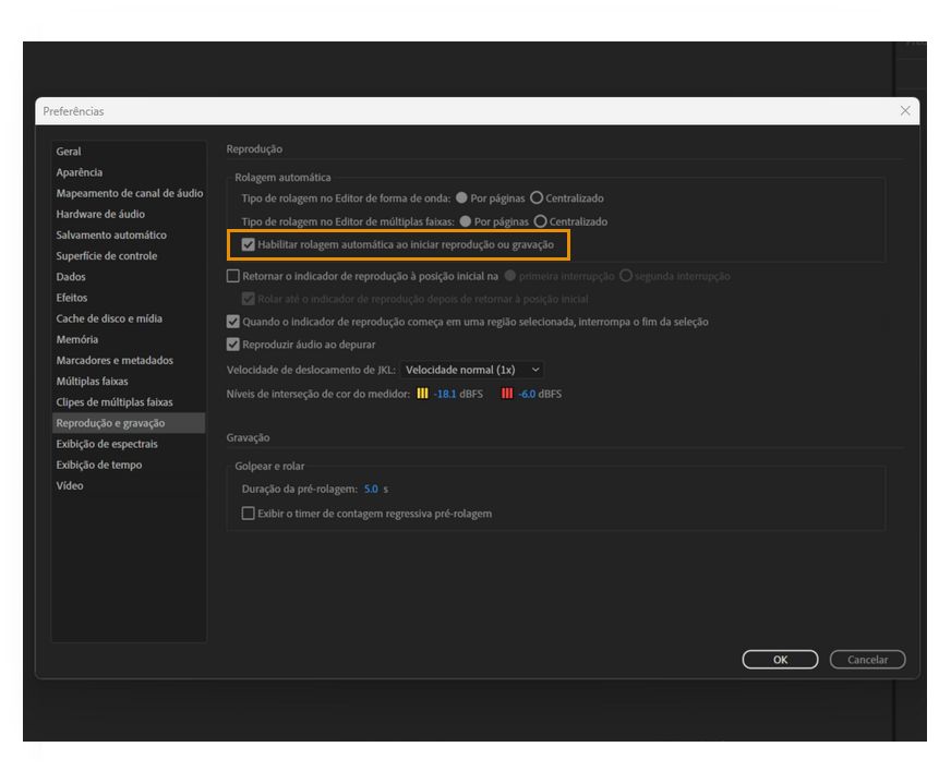 Habilitar rolagem automática ao iniciar