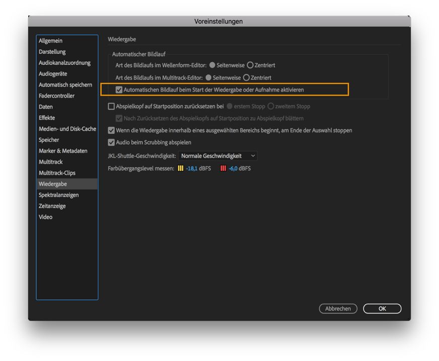 Automatischen Bildlauf bei Beginn aktivieren