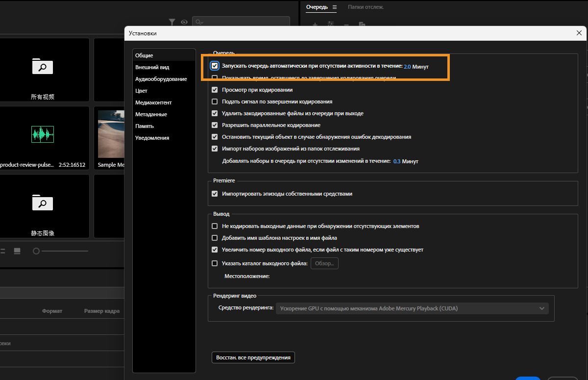 Диалоговое окно «Настройки» открыто, и установлен флажок «Автоматически запускать очередь при бездействии».