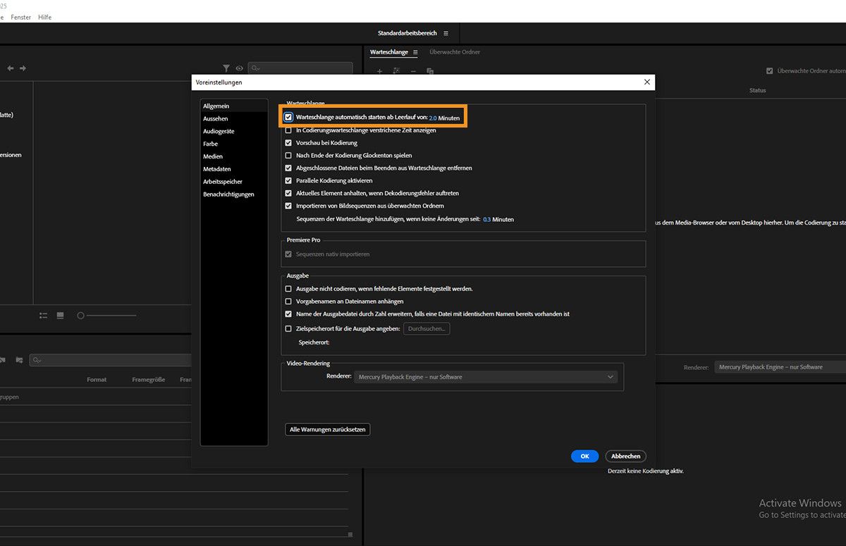 Das Dialogfeld Voreinstellungen ist geöffnet und die Option Warteschlange automatisch starten, wenn inaktiv st aktiviert.