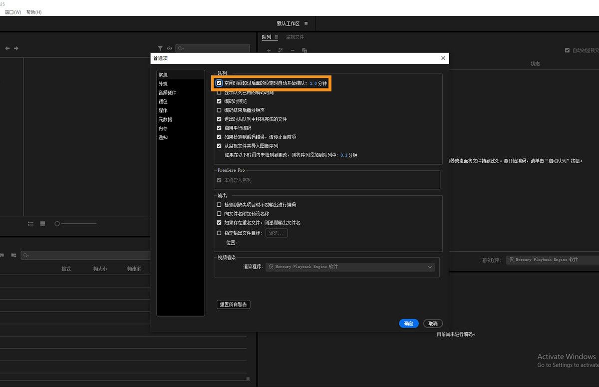 已打开"偏好设置"对话框，并选中了"空闲时自动启动队列"选项。