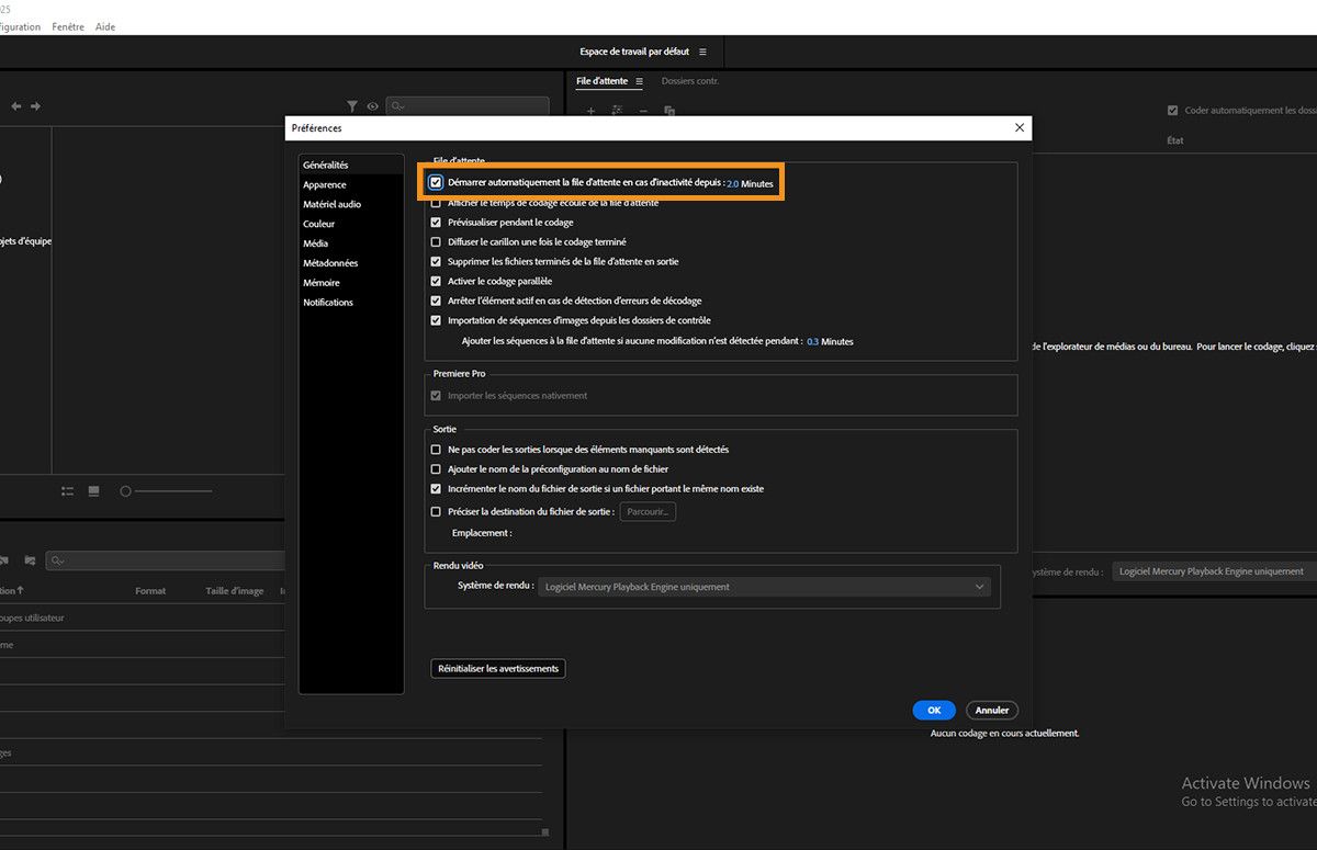 La boîte de dialogue Préférences est ouverte et l’option Démarrer la file d'attente automatiquement en cas d'inactivité depuis est cochée.