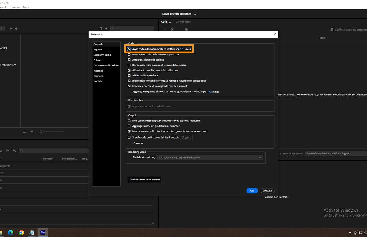 La finestra di dialogo Preferenze è aperta e l'opzione Avvia coda automaticamente quando inattivo per è selezionata.