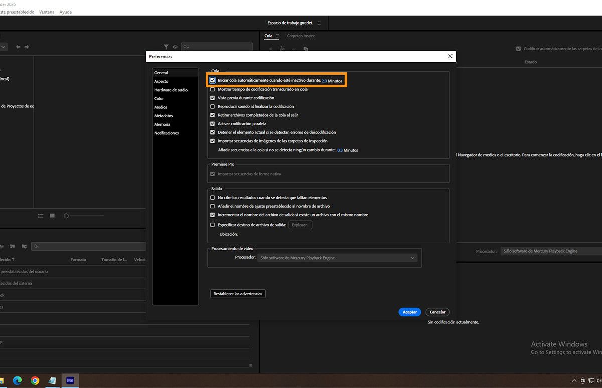 El cuadro de diálogo Preferencias está abierto y la opción Iniciar cola automáticamente cuando esté sin actividad durante está marcada.
