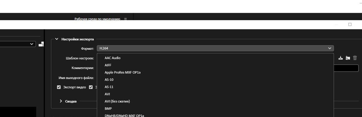 Диалоговое окно «Настройки экспорта» открыто, и в разделе «Настройки экспорта» выбран формат файла MPEG-4.