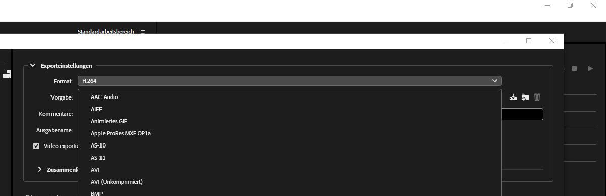Das Dialogfeld Export-Einstellungen ist geöffnet und unter Export-Einstellungen ist MPEG-4 als Dateiformat ausgewählt.