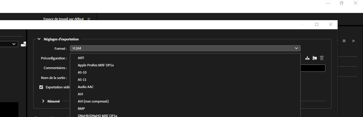 La boîte de dialogue Paramètres d’export est ouverte et sous Paramètres d'export, MPEG-4 est sélectionné comme format de fichier.