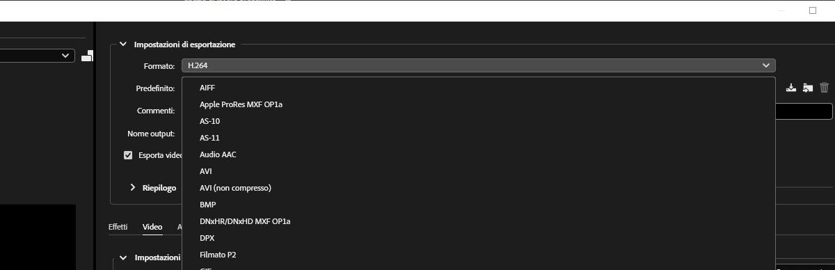 La finestra di dialogo Impostazioni di esportazione è aperta e sotto Impostazioni di esportazione, MPEG-4 è selezionato come formato di file.