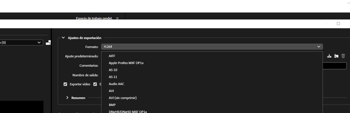 El cuadro de diálogo Configuración de exportación está abierto y, en Configuración de exportación, MPEG-4 está seleccionado como formato de archivo.