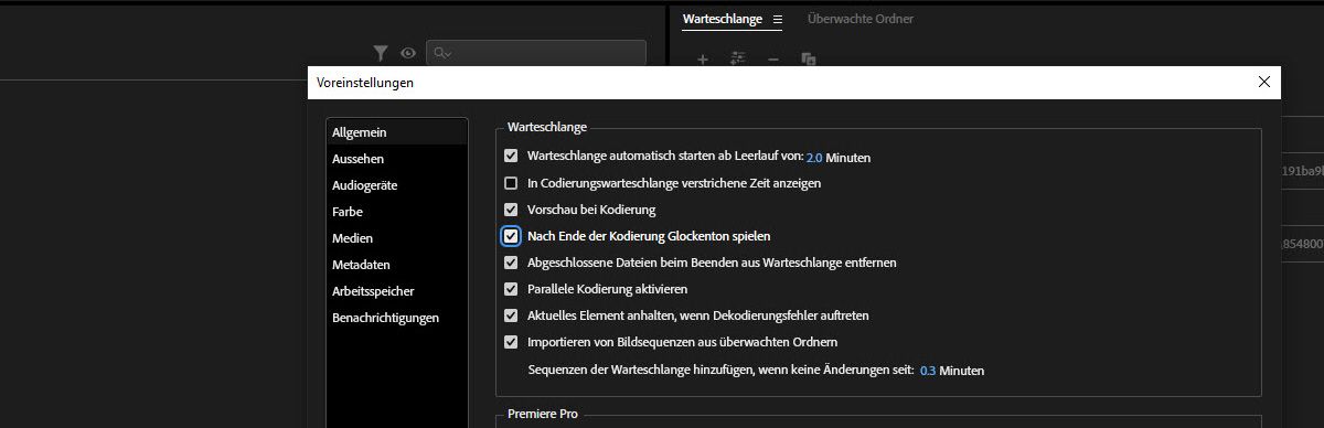 Das Dialogfeld Voreinstellungen ist geöffnet und die Option Glockenspiel abspielen, wenn Codierung beendet ist ausgewählt.