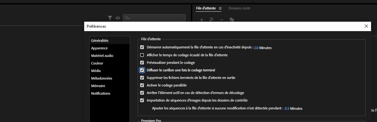 La boîte de dialogue Préférences est ouverte et l’option Émettre un signal sonore à la fin de l’encodage est sélectionnée.