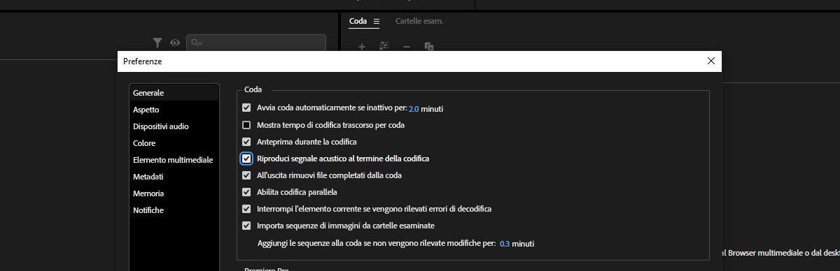 La finestra di dialogo Preferenze è aperta e l'opzione Riproduci suono al termine della codifica è selezionata.