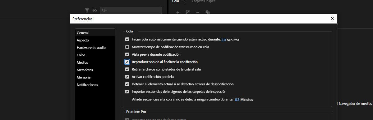 El cuadro de diálogo Preferencias está abierto y la opción Reproducir sonido al finalizar la codificación está seleccionada.