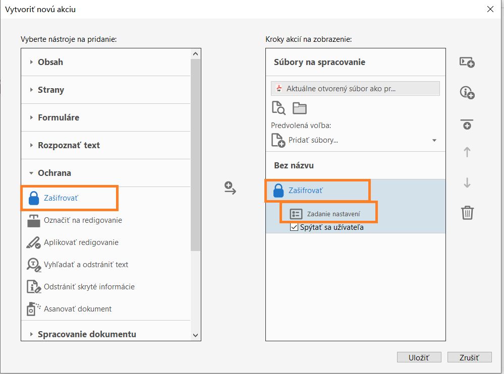 Vytvorenie hesla akcie ochrany