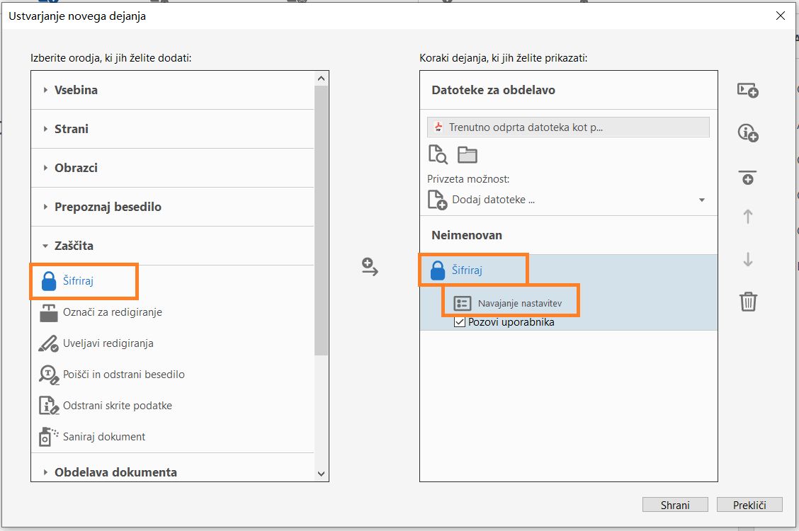Ustvari dejanje za zaščito z geslom