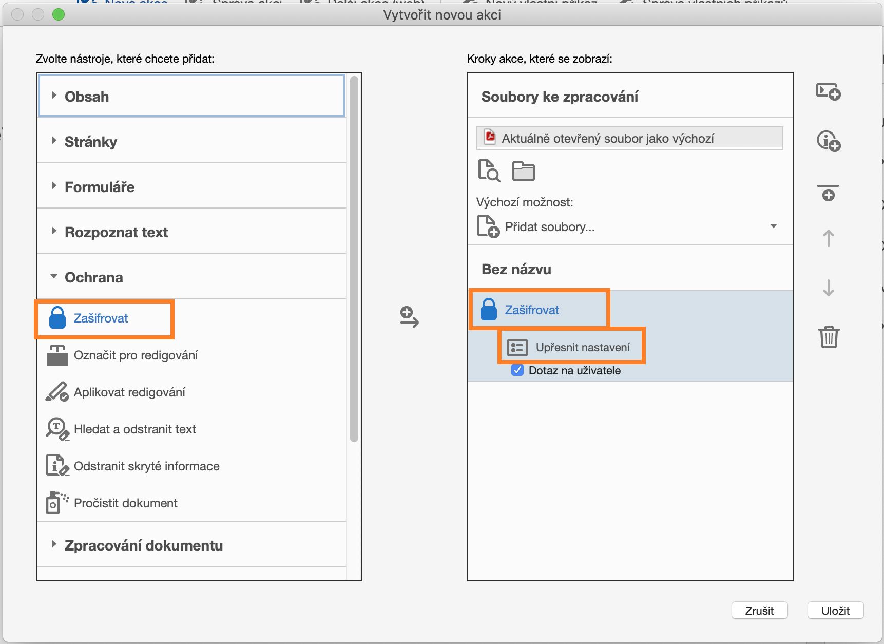 Vytvoření akce chránění heslem