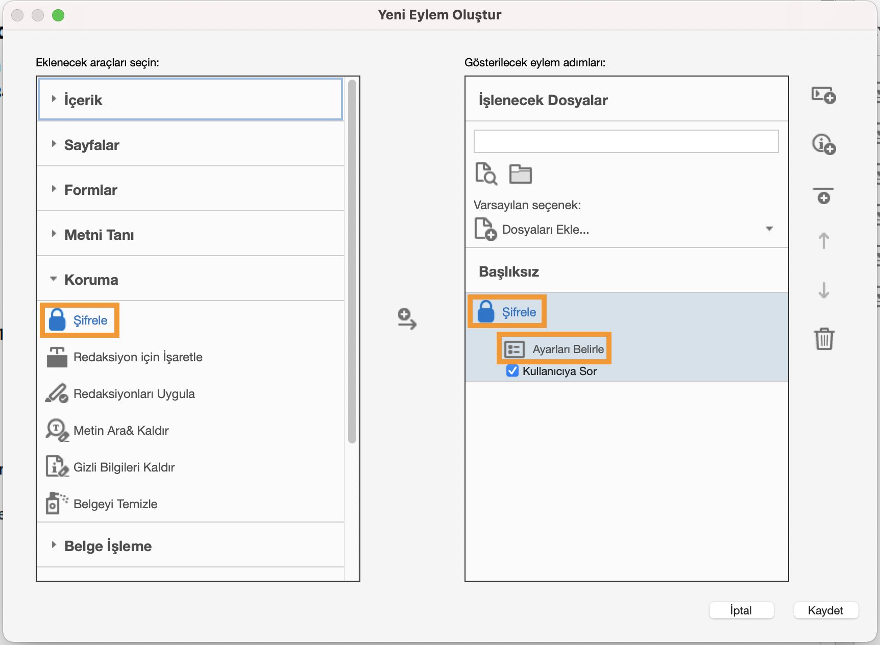 Parolalı koruma eylemi oluşturma
