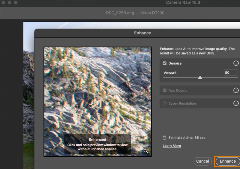 Réduction du bruit appliquée à une image RAW dans Adobe Camera Raw