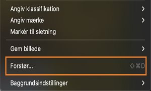 Forstør er valgt i genvejsmenuen