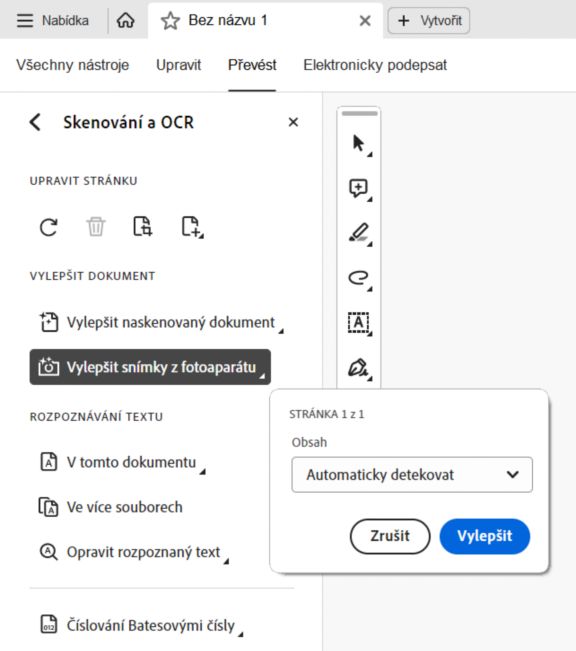 K vylepšení fotografií pořízených fotoaparátem mobilního zařízení použijte aplikaci Acrobat Reader pro počítače.