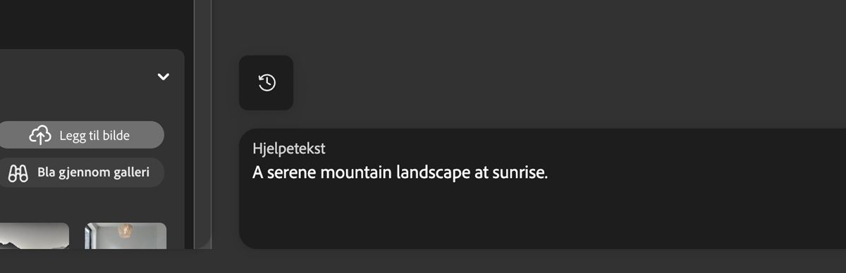 Hjelpetekstlinjen er aktiv, og en tekstbeskrivelse er skrevet inn for bildegenerering.