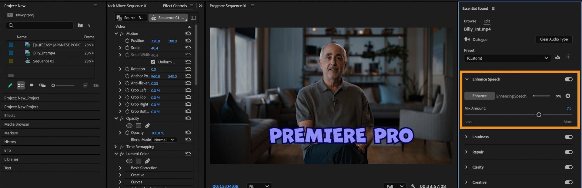 Il pannello Essential Sound è aperto con la sezione Ottimizza parlato evidenziata.Hai la possibilità di regolare la quantità di mix in base alle tue esigenze.