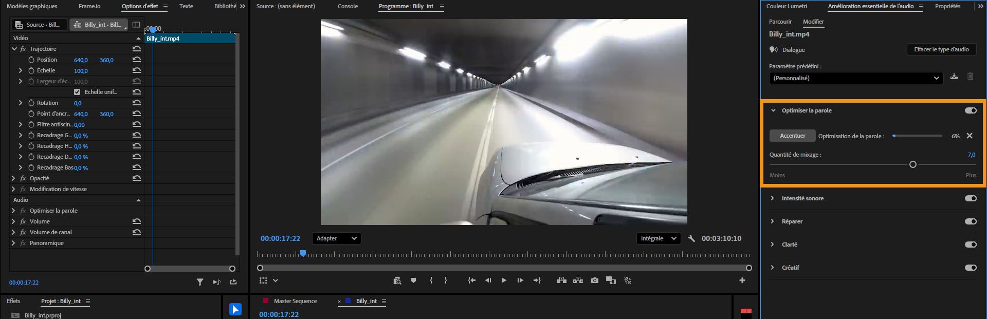 Le panneau Son essentiel est ouvert avec la section Optimiser la parole mise en évidence.Vous disposez d'options pour ajuster le niveau de mixage selon vos besoins.